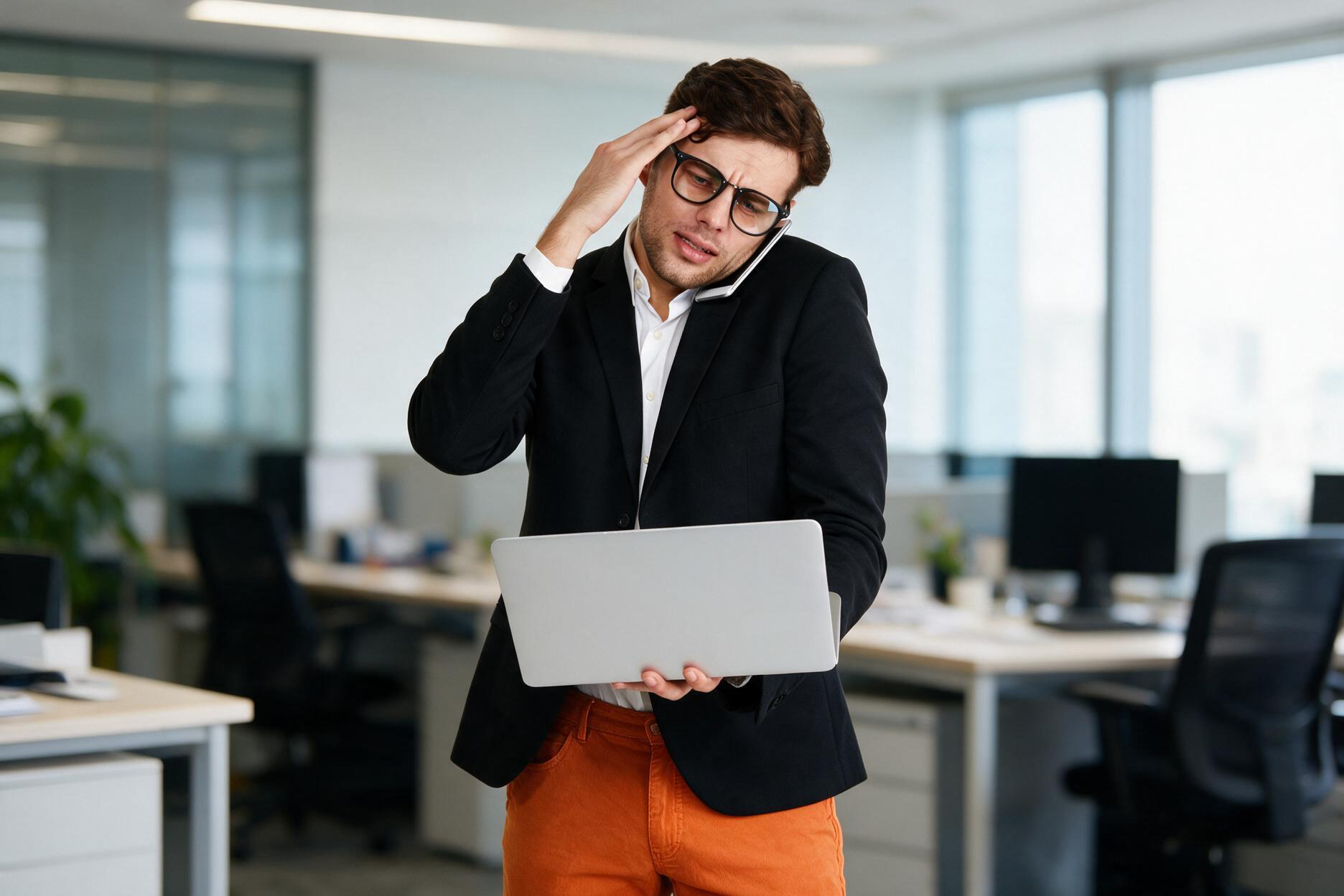 Gestor preocupado conferindo cálculos no notebook